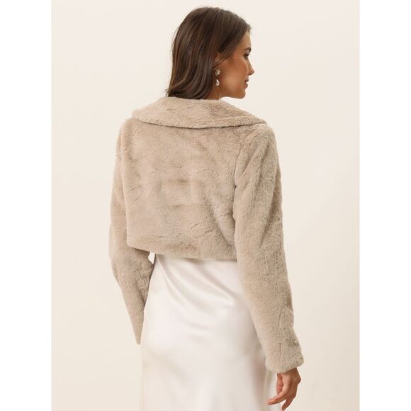 Faux Fur Bolero Shrug Crop Jacket Evening Bow Tie Front Fluffy Coat Khaki - Picture 4 of 5
